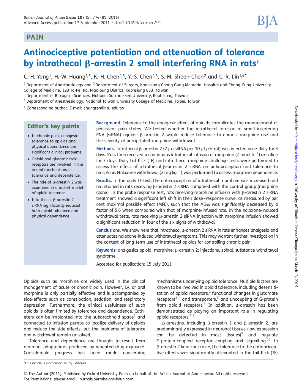 Antinociceptive potentiation and attenuation of tolerance by intrathecal Î²-arrestin 2 small interfering RNA in rats