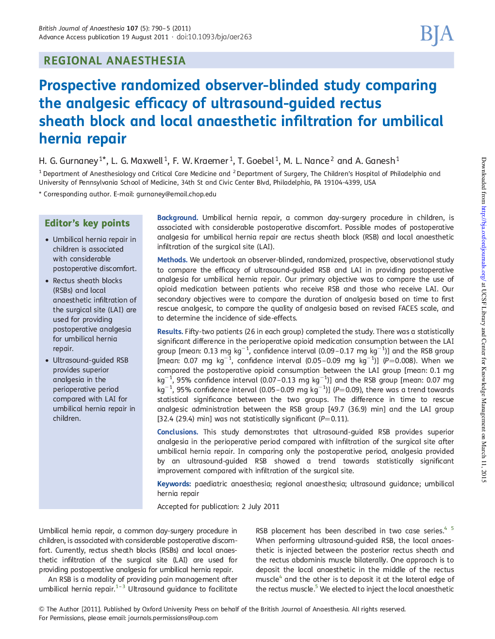 Prospective randomized observer-blinded study comparing the analgesic efficacy of ultrasound-guided rectus sheath block and local anaesthetic infiltration for umbilical hernia repair