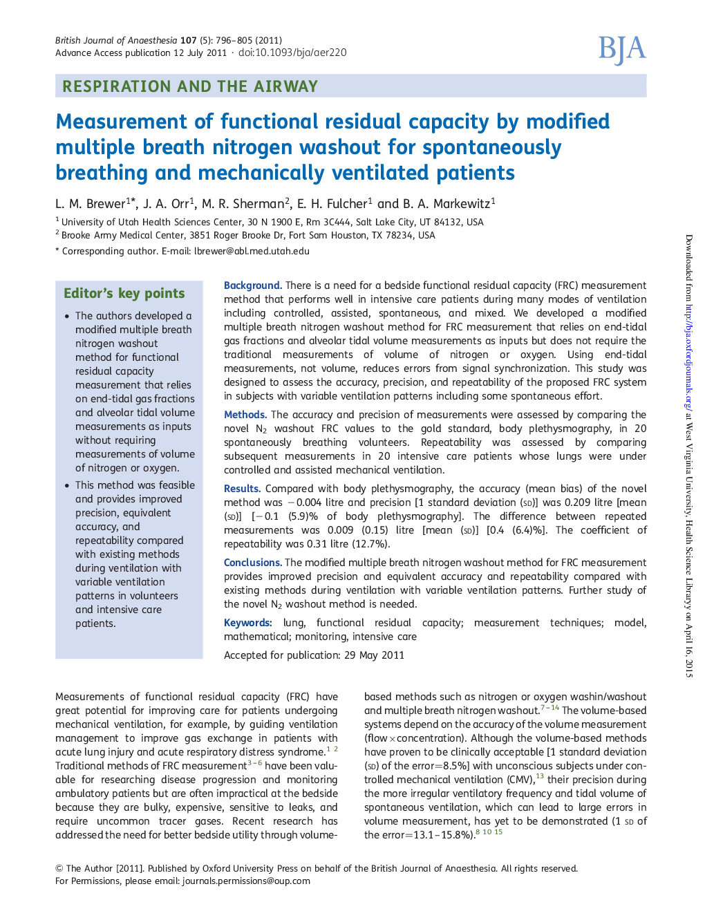 Measurement of functional residual capacity by modified multiple breath nitrogen washout for spontaneously breathing and mechanically ventilated patients