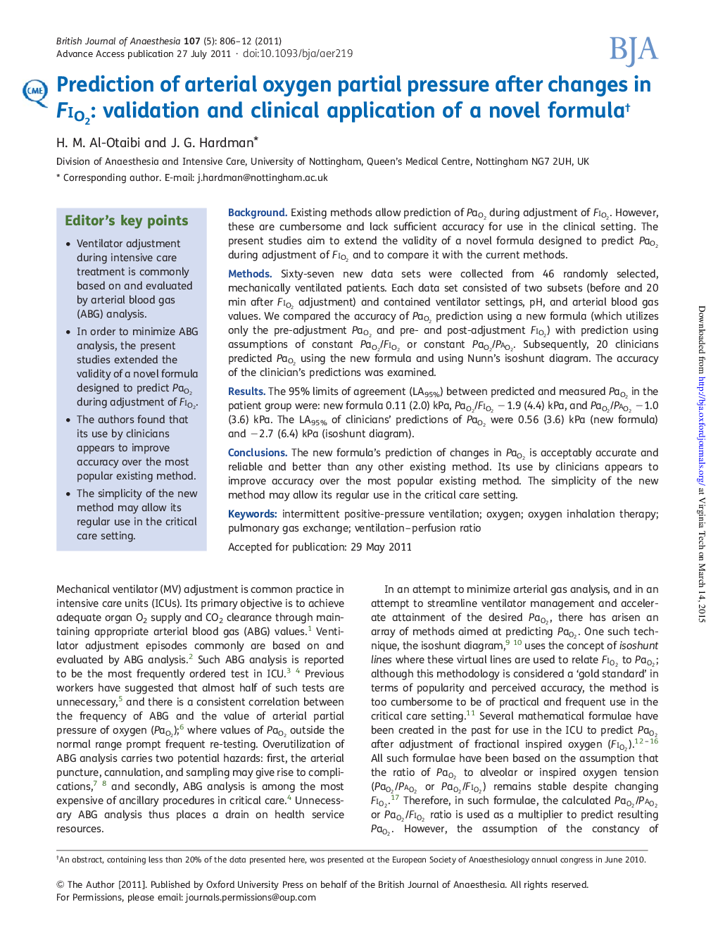 عکس صفحه اول مقاله: Prediction of arterial oxygen partial pressure after changes in FiO2: validation and clinical application of a novel formulaâ Prediction of arterial oxygen partial pressure after changes in FiO2: validation and clinical application of a novel formulaâ