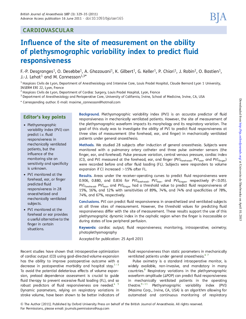 Influence of the site of measurement on the ability of plethysmographic variability index to predict fluid responsiveness