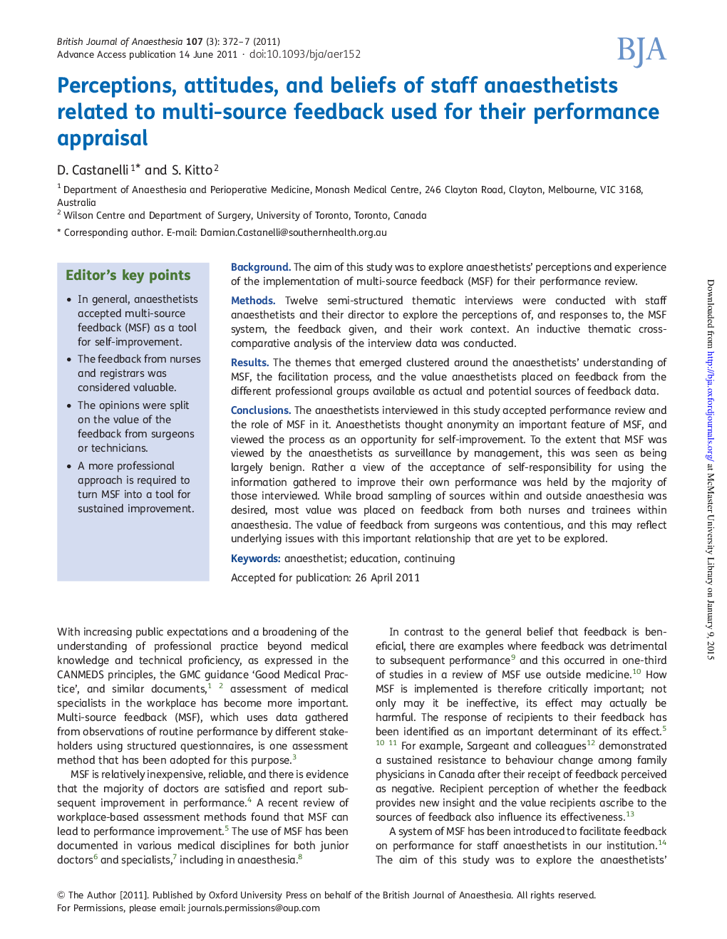 Perceptions, attitudes, and beliefs of staff anaesthetists related to multi-source feedback used for their performance appraisal