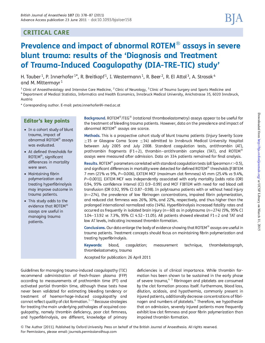 Prevalence and impact of abnormal ROTEM® assays in severe blunt trauma: results of the 'Diagnosis and Treatment of Trauma-Induced Coagulopathy (DIA-TRE-TIC) study'