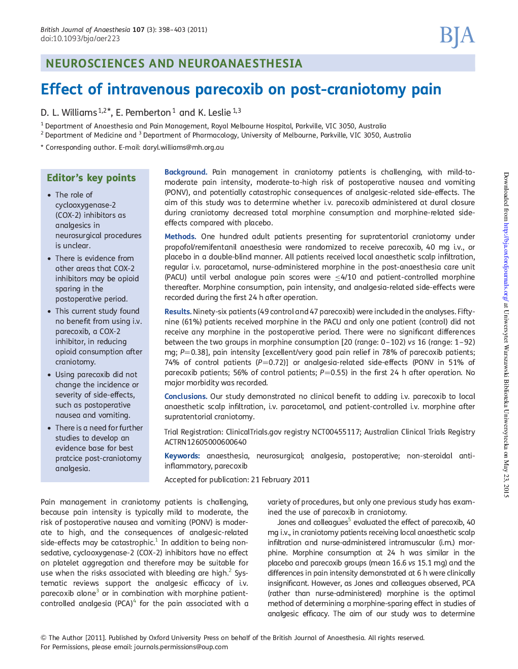 Effect of intravenous parecoxib on post-craniotomy pain