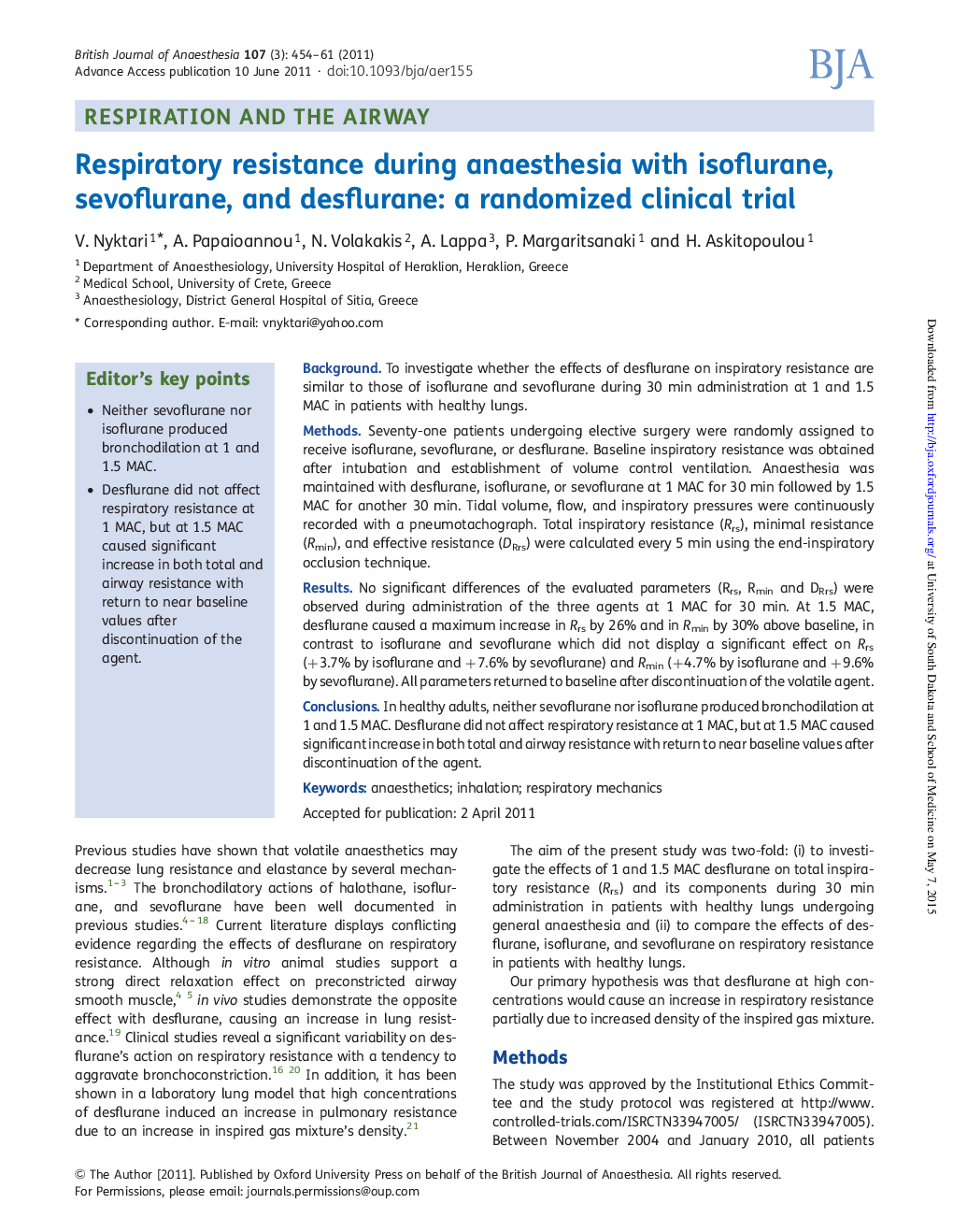 Respiratory resistance during anaesthesia with isoflurane, sevoflurane, and desflurane: a randomized clinical trial