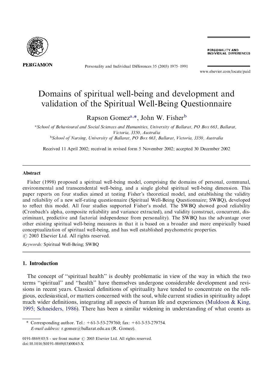 Domains of spiritual well-being and development and validation of the Spiritual Well-Being Questionnaire