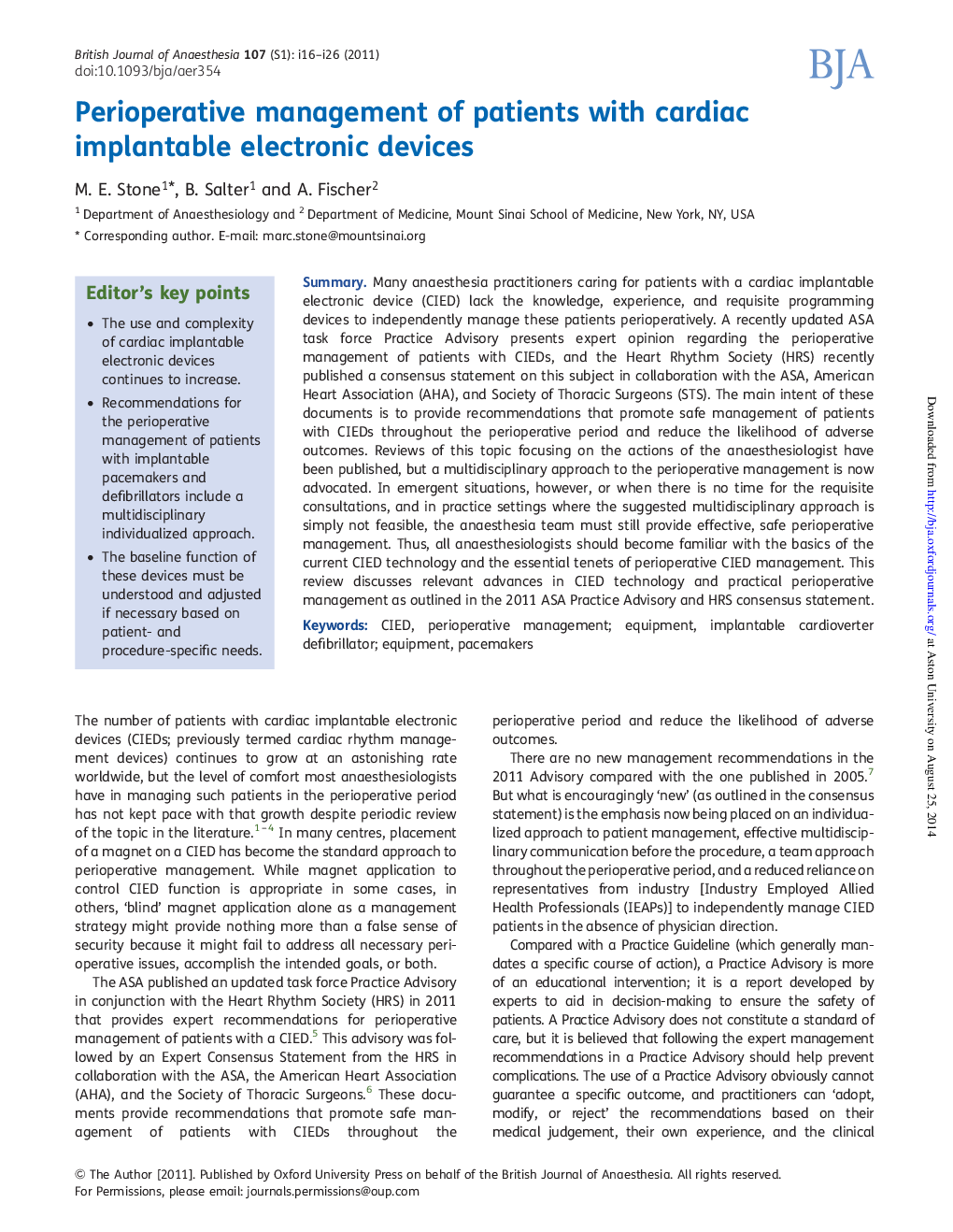 عکس صفحه اول مقاله: Perioperative management of patients with cardiac implantable electronic devices Perioperative management of patients with cardiac implantable electronic devices