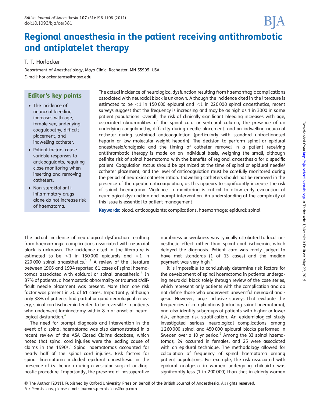 Regional anaesthesia in the patient receiving antithrombotic and antiplatelet therapy