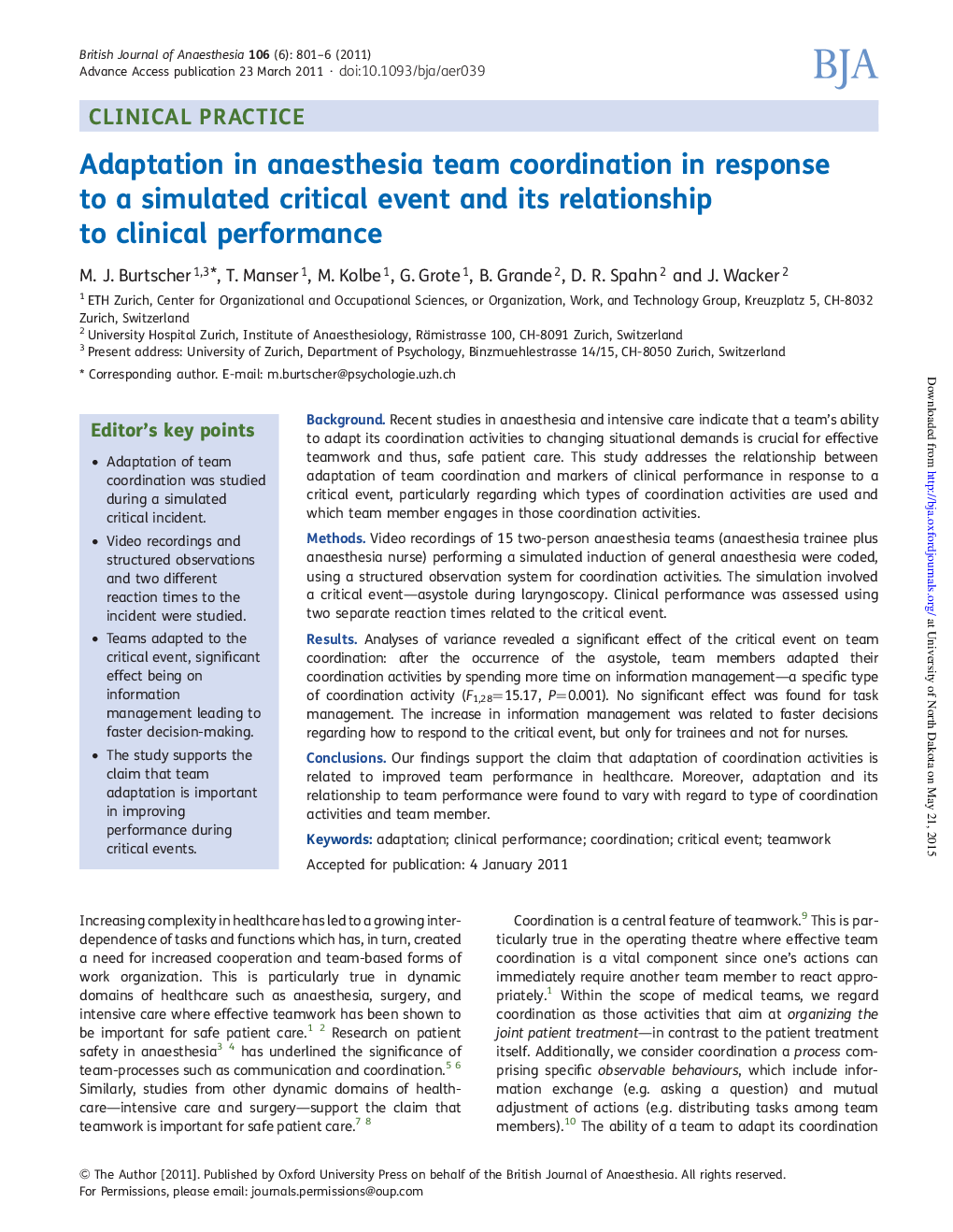 Adaptation in anaesthesia team coordination in response to a simulated critical event and its relationship to clinical performance