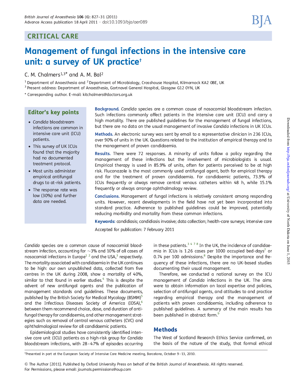 Management of fungal infections in the intensive care unit: a survey of UK practiceâ 