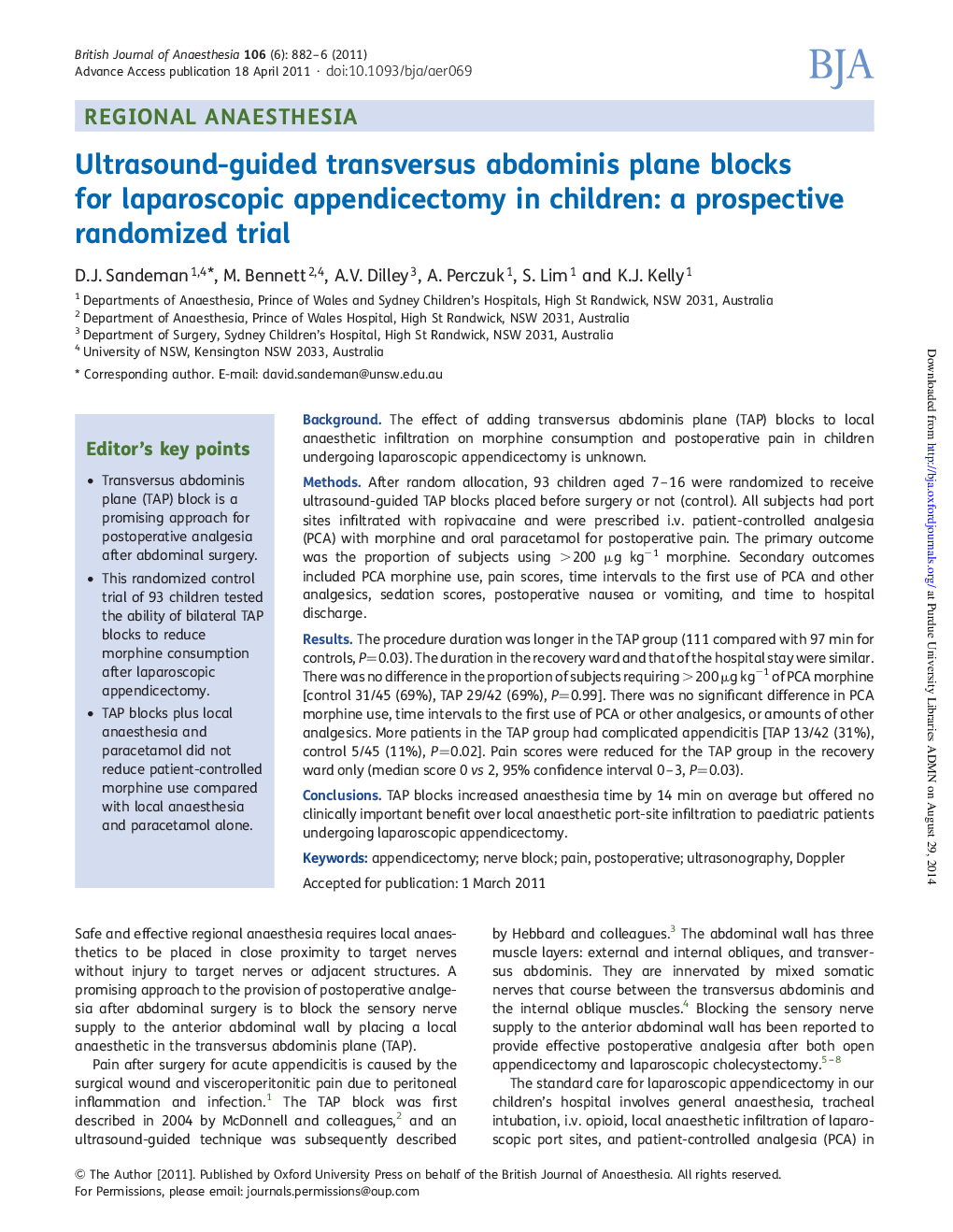 Ultrasound-guided transversus abdominis plane blocks for laparoscopic appendicectomy in children: a prospective randomized trial