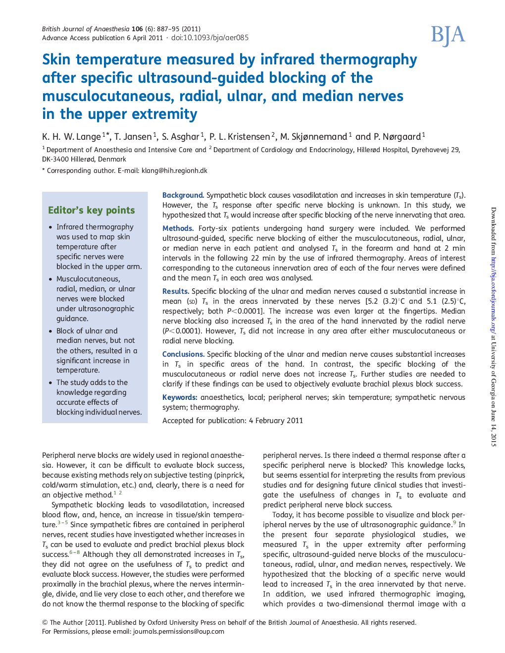 Skin temperature measured by infrared thermography after specific ultrasound-guided blocking of the musculocutaneous, radial, ulnar, and median nerves in the upper extremity