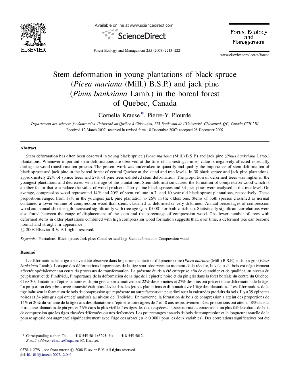 Stem deformation in young plantations of black spruce (Picea mariana (Mill.) B.S.P.) and jack pine (Pinus banksiana Lamb.) in the boreal forest of Quebec, Canada