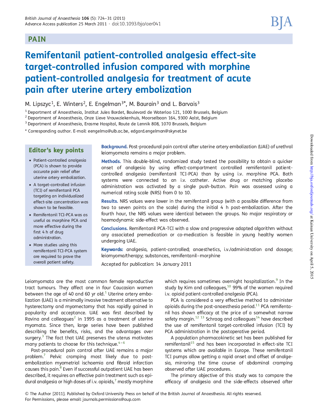 Remifentanil patient-controlled analgesia effect-site target-controlled infusion compared with morphine patient-controlled analgesia for treatment of acute pain after uterine artery embolization