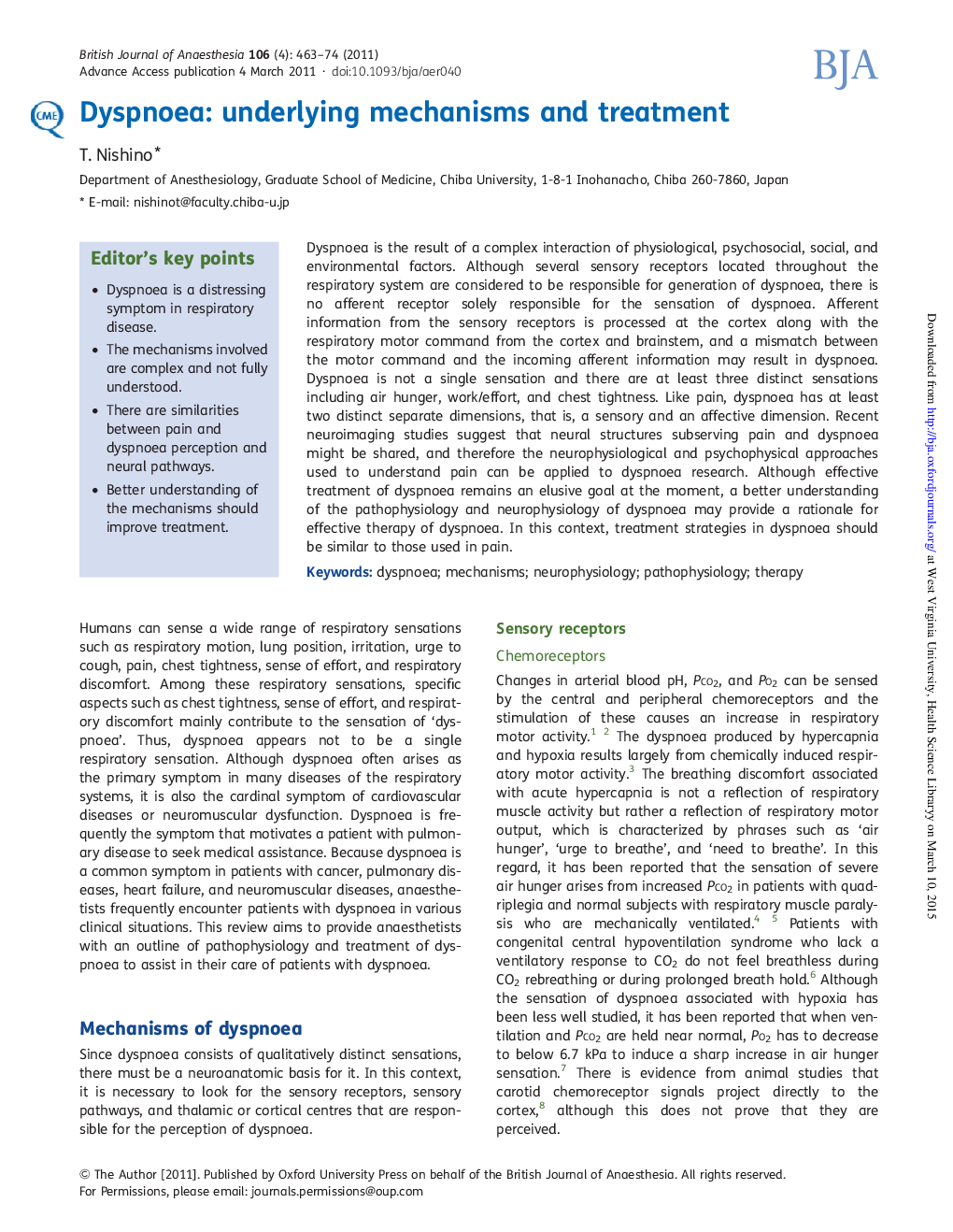 Dyspnoea: underlying mechanisms and treatment