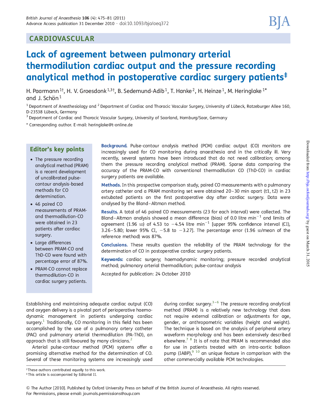 Lack of agreement between pulmonary arterial thermodilution cardiac output and the pressure recording analytical method in postoperative cardiac surgery patientsâ¡