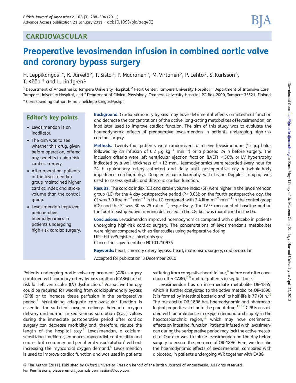 Preoperative levosimendan infusion in combined aortic valve and coronary bypass surgery