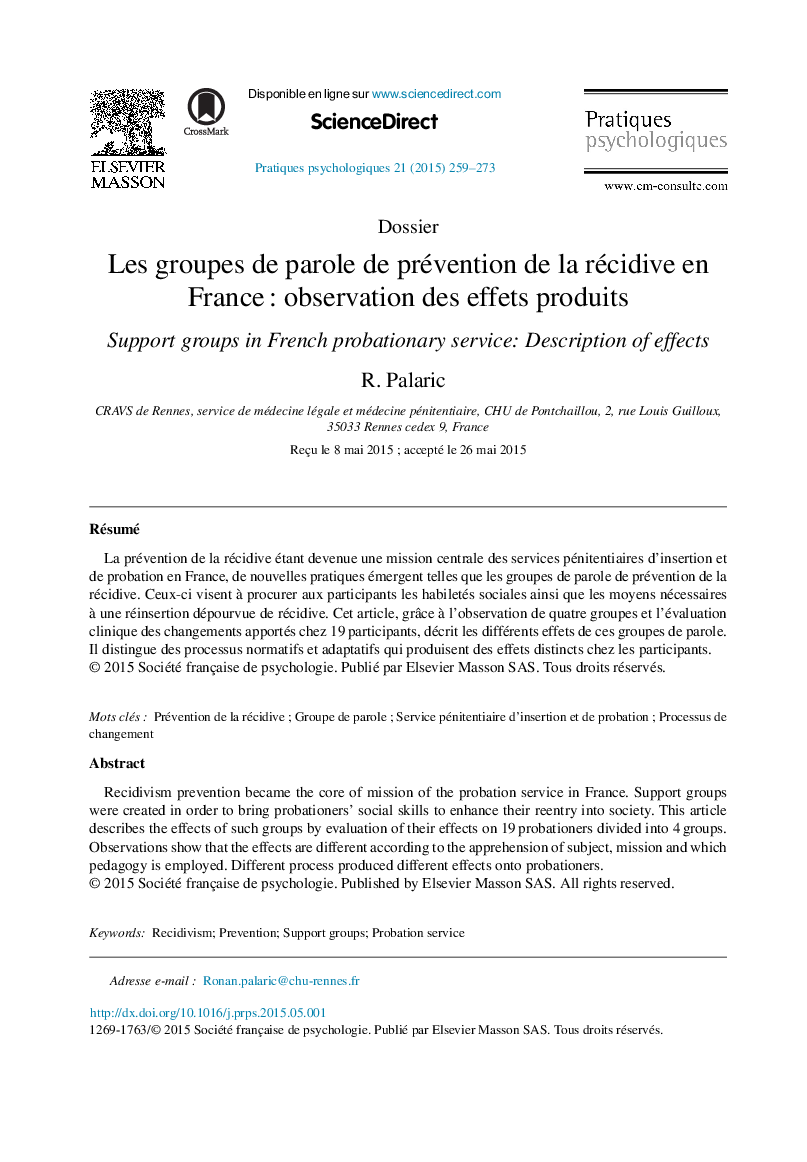 Les groupes de parole de prévention de la récidive en France : observation des effets produits