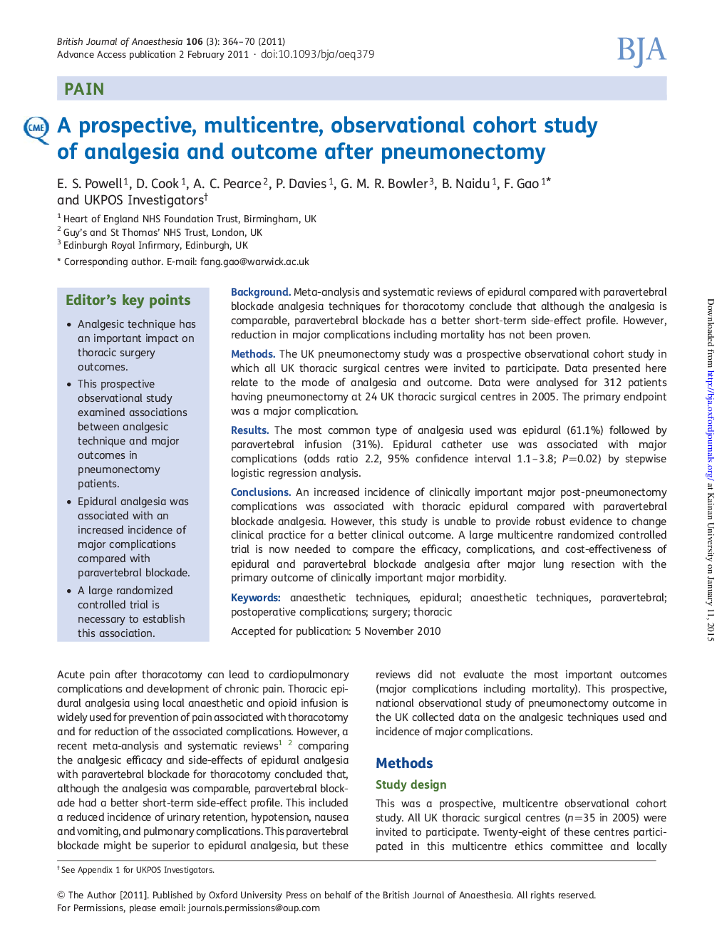 A prospective, multicentre, observational cohort study of analgesia and outcome after pneumonectomy