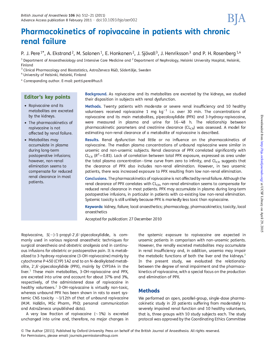 Pharmacokinetics of ropivacaine in patients with chronic renal failure