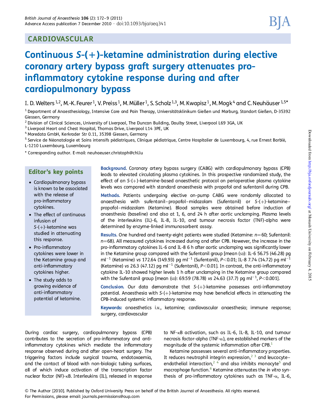 Continuous S-(+)-ketamine administration during elective coronary artery bypass graft surgery attenuates pro-inflammatory cytokine response during and after cardiopulmonary bypass