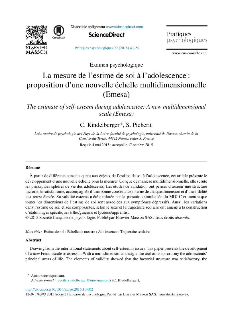 La mesure de l’estime de soi à l’adolescence : proposition d’une nouvelle échelle multidimensionnelle (Emesa)