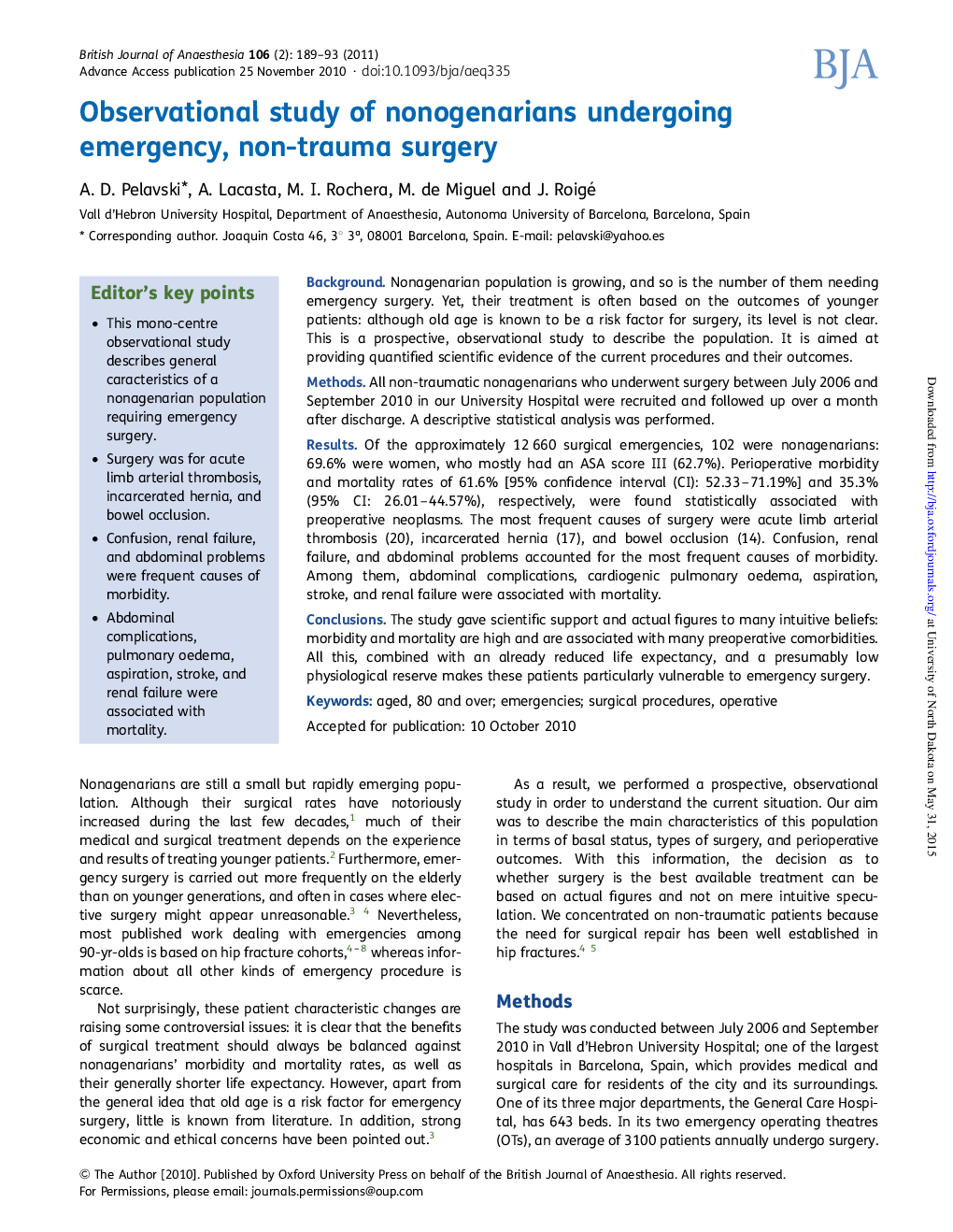 Observational study of nonogenarians undergoing emergency, non-trauma surgery