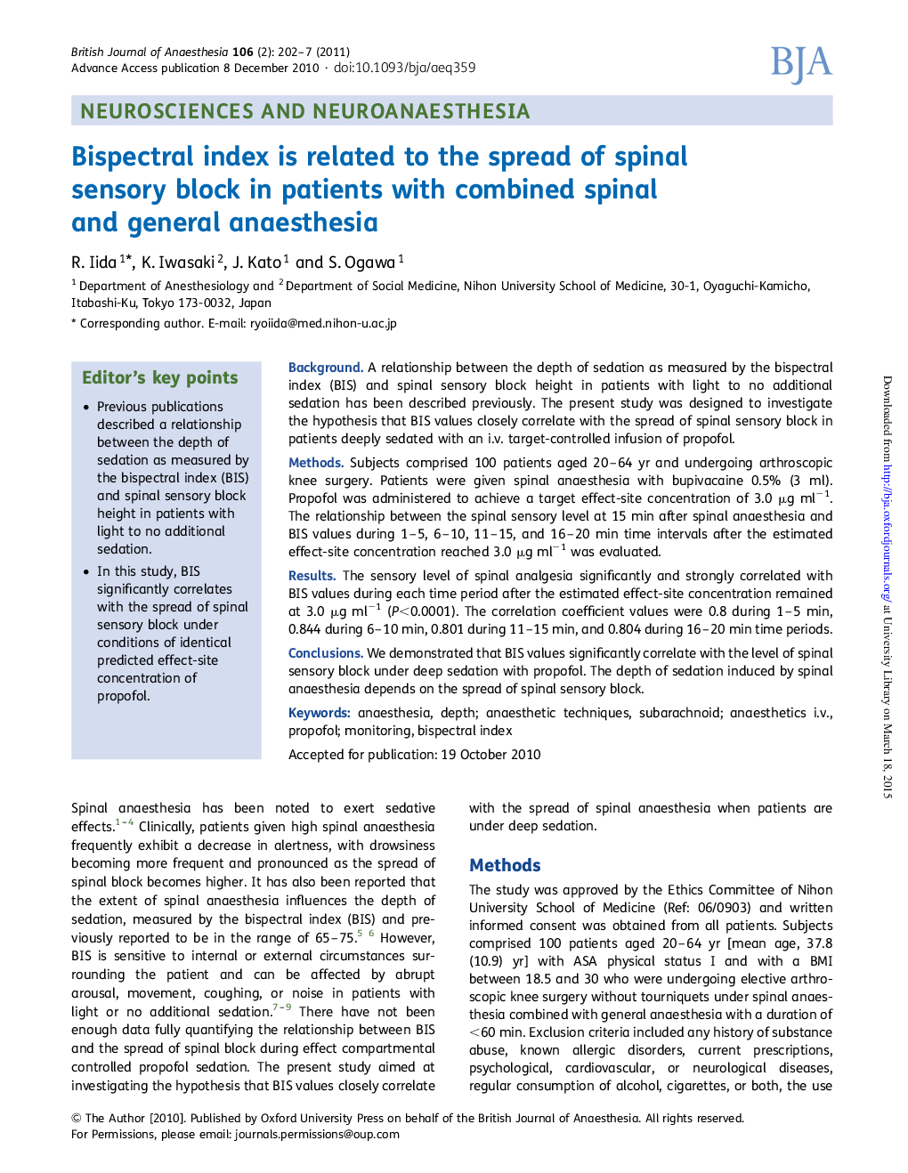 Bispectral index is related to the spread of spinal sensory block in patients with combined spinal and general anaesthesia