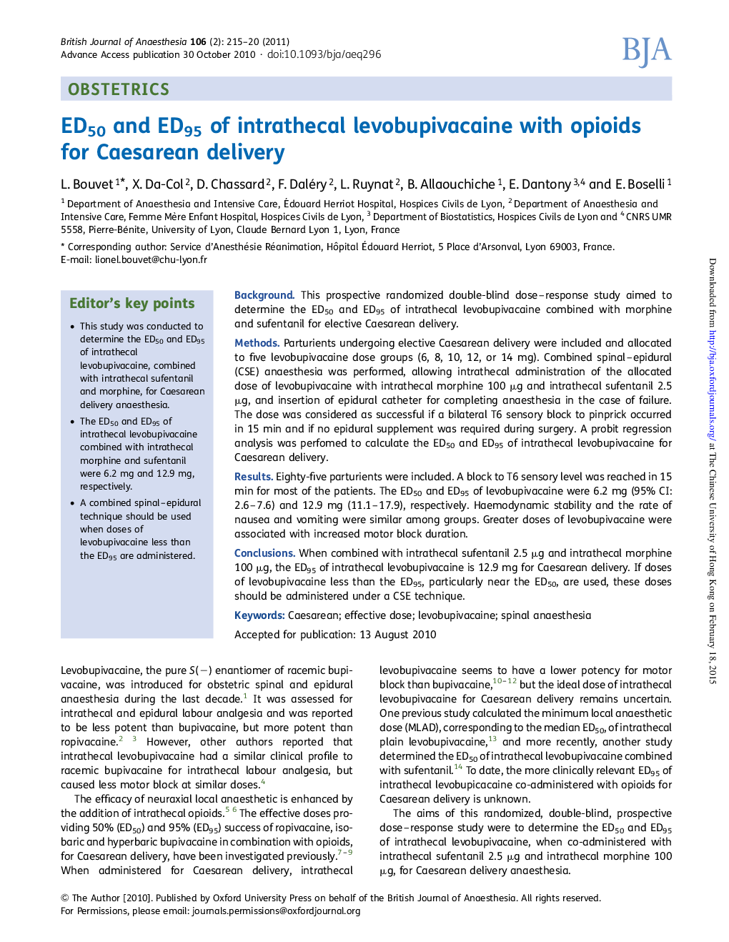 ED50 and ED95 of intrathecal levobupivacaine with opioids for Caesarean delivery