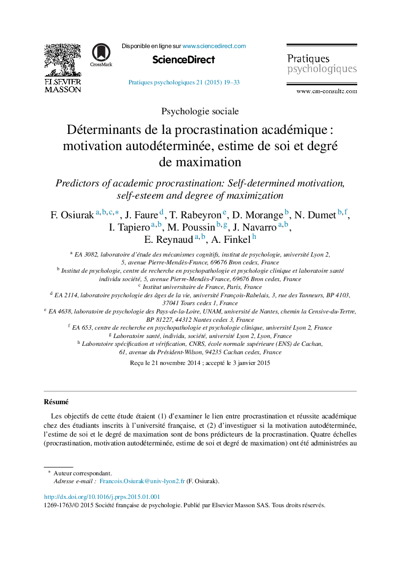 Déterminants de la procrastination académique : motivation autodéterminée, estime de soi et degré de maximation