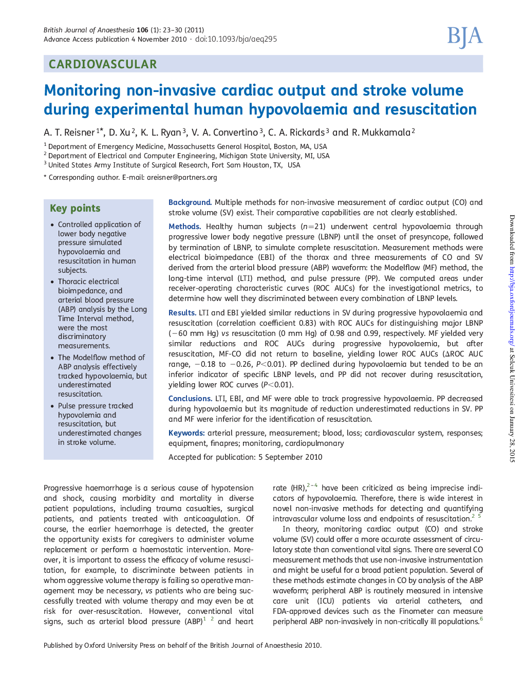 Monitoring non-invasive cardiac output and stroke volume during experimental human hypovolaemia and resuscitation