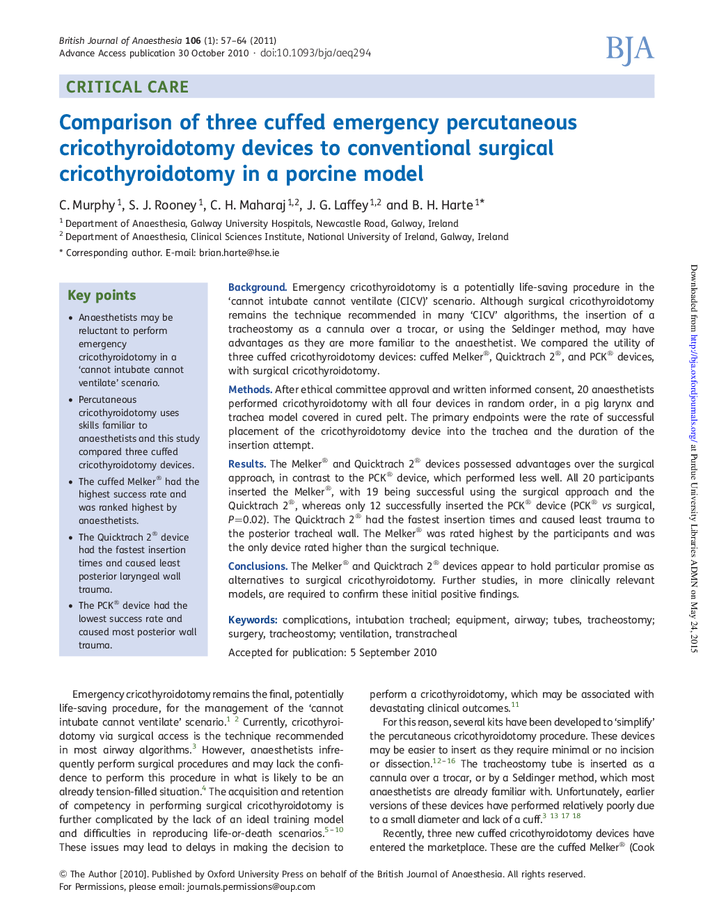 Comparison of three cuffed emergency percutaneous cricothyroidotomy devices to conventional surgical cricothyroidotomy in a porcine model