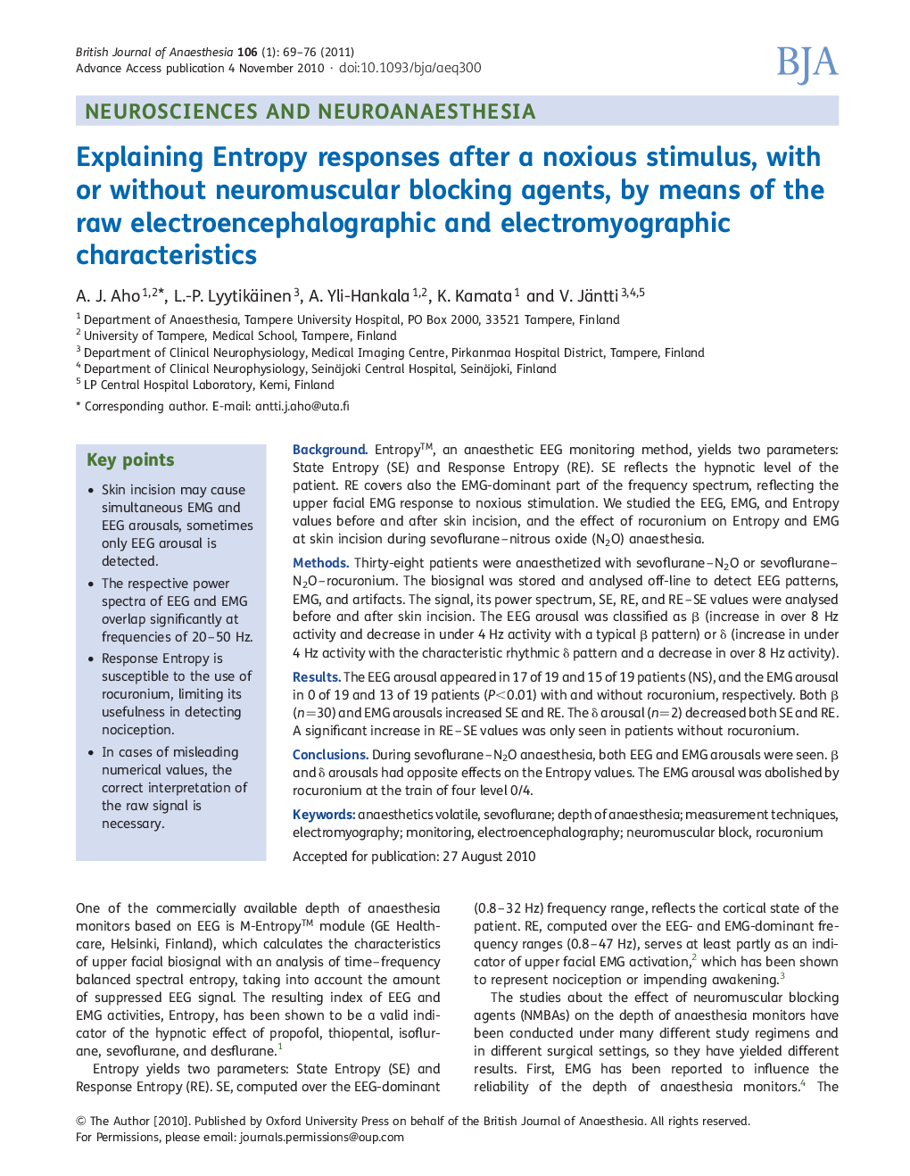 Explaining Entropy responses after a noxious stimulus, with or without neuromuscular blocking agents, by means of the raw electroencephalographic and electromyographic characteristics