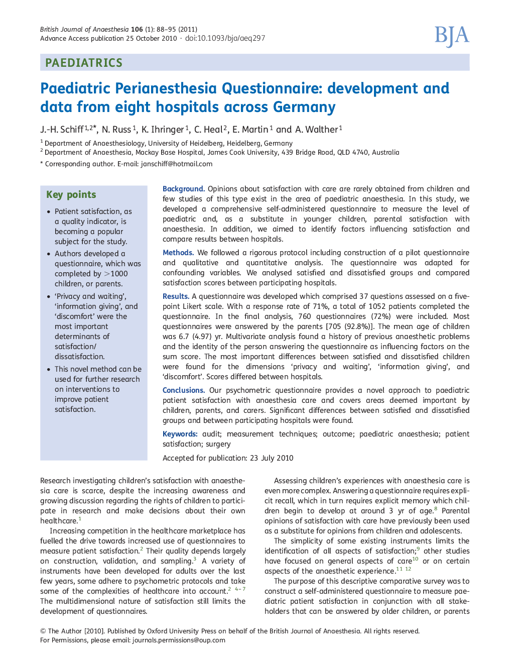 Paediatric Perianesthesia Questionnaire: development and data from eight hospitals across Germany