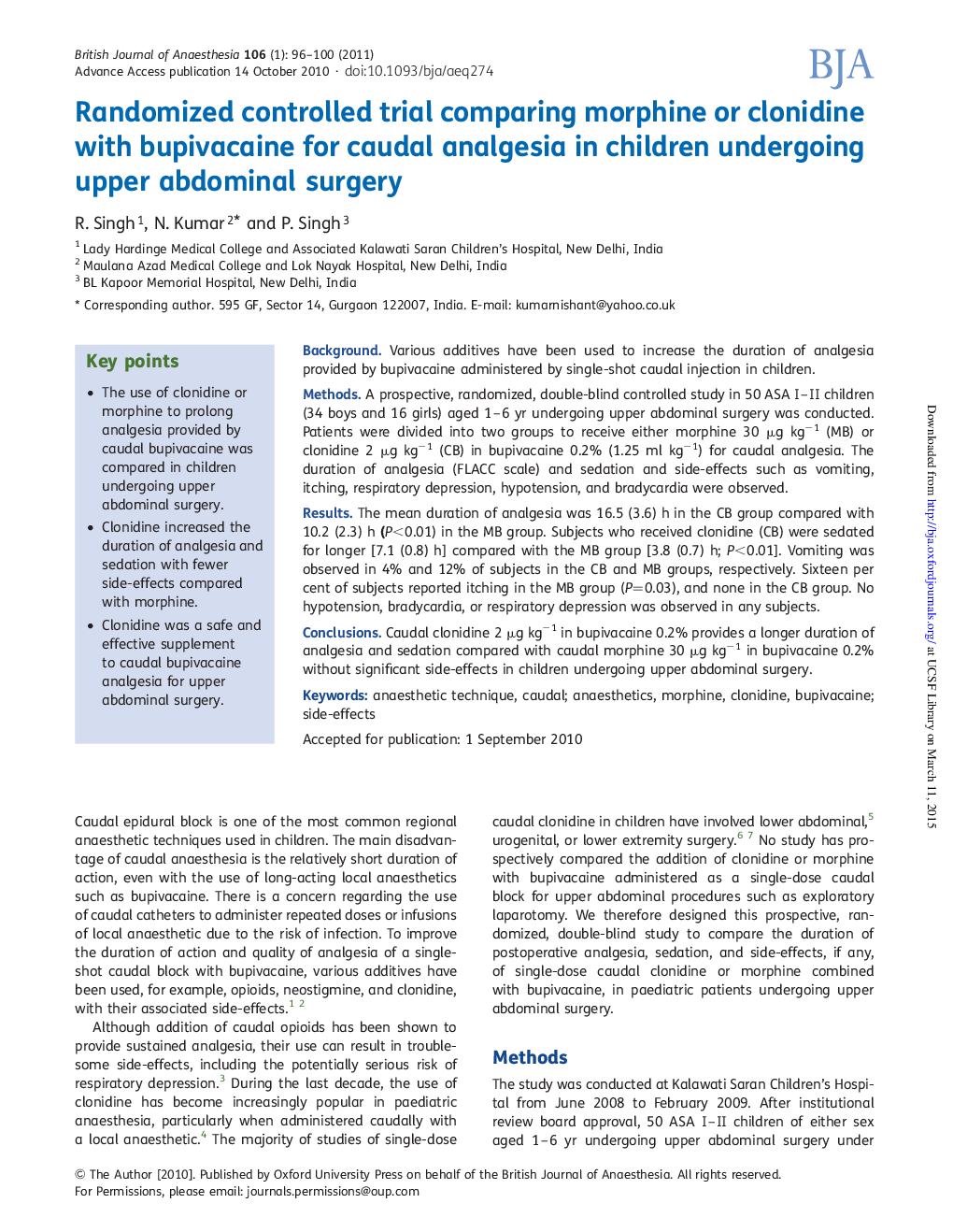عکس صفحه اول مقاله: Randomized controlled trial comparing morphine or clonidine with bupivacaine for caudal analgesia in children undergoing upper abdominal surgery Randomized controlled trial comparing morphine or clonidine with bupivacaine for caudal analgesia in children undergoing upper abdominal surgery