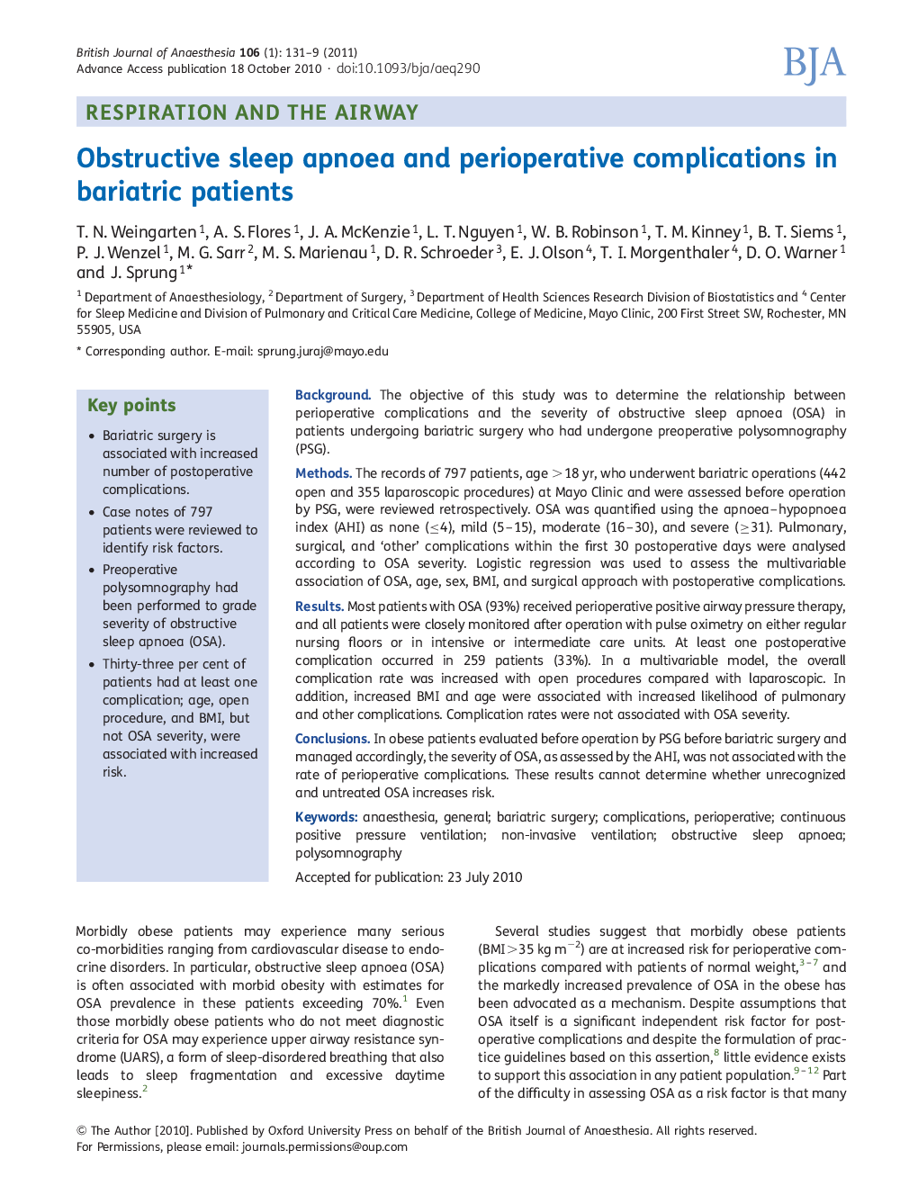 Obstructive sleep apnoea and perioperative complications in bariatric patients