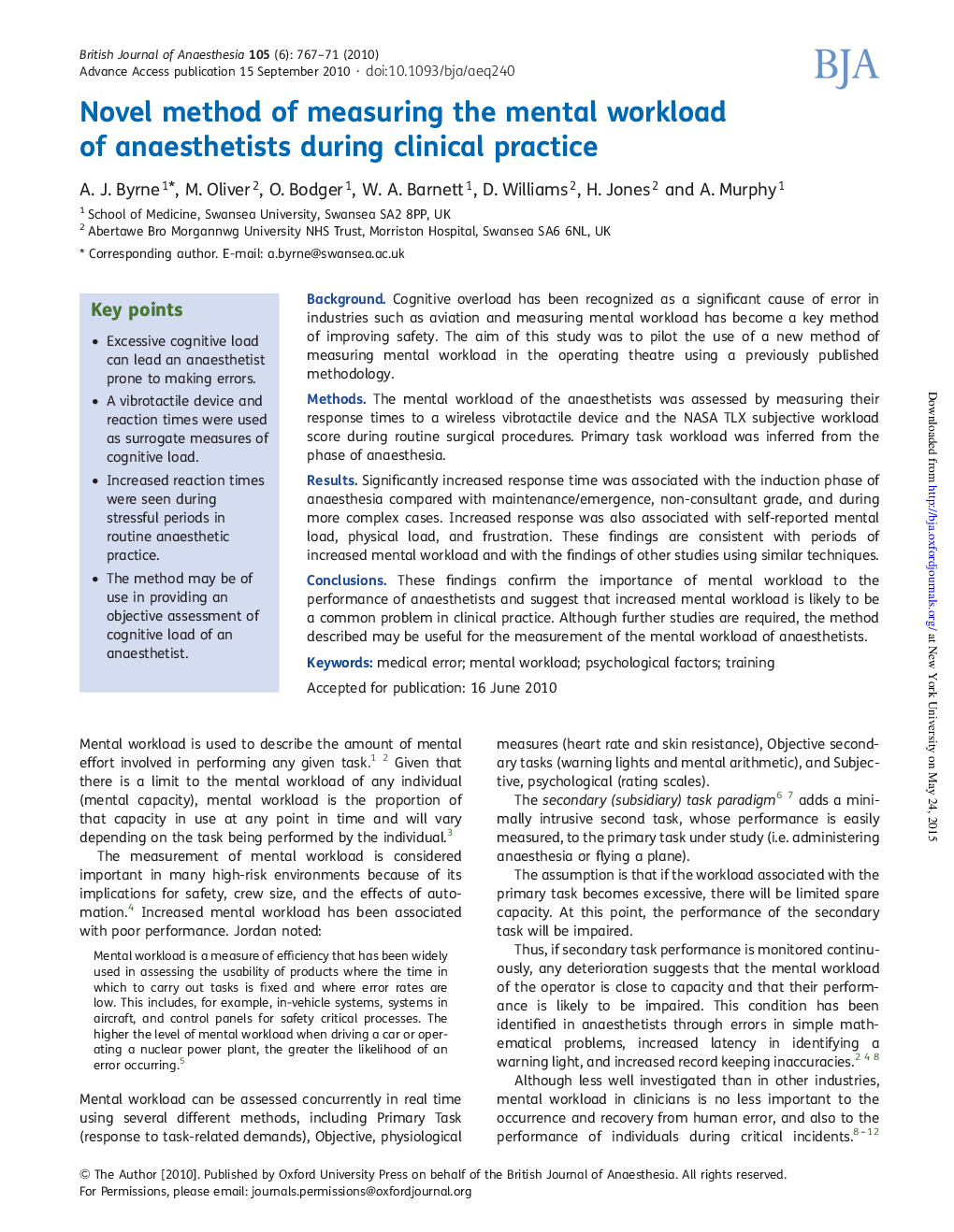 Novel method of measuring the mental workload of anaesthetists during clinical practice