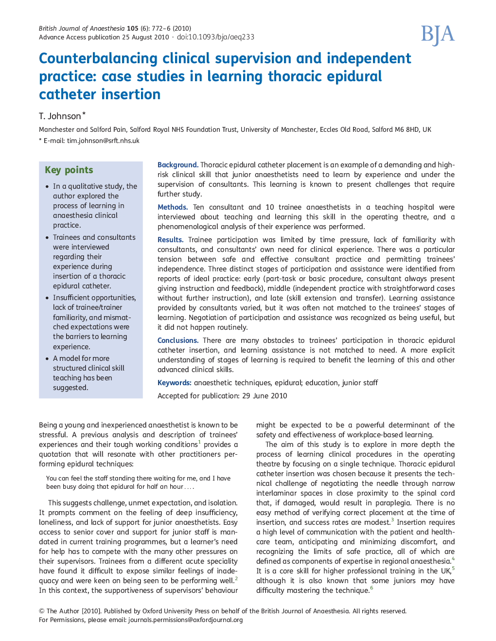 Counterbalancing clinical supervision and independent practice: case studies in learning thoracic epidural catheter insertion