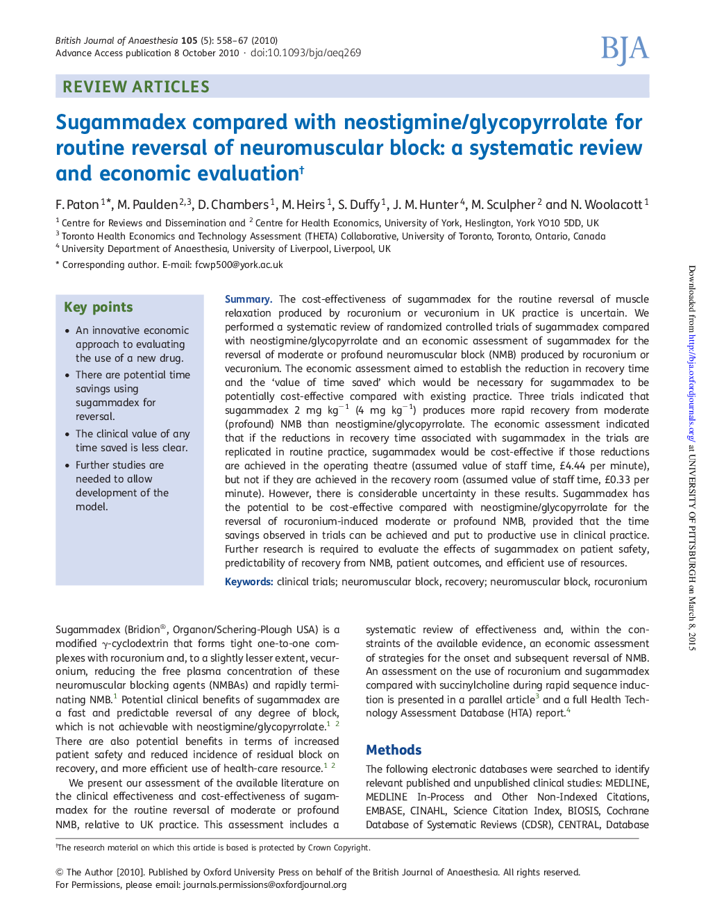 Sugammadex compared with neostigmine/glycopyrrolate for routine reversal of neuromuscular block: a systematic review and economic evaluationâ 