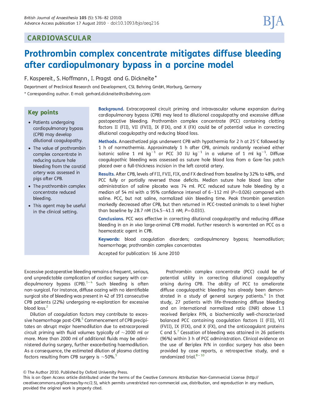 Prothrombin complex concentrate mitigates diffuse bleeding after cardiopulmonary bypass in a porcine model