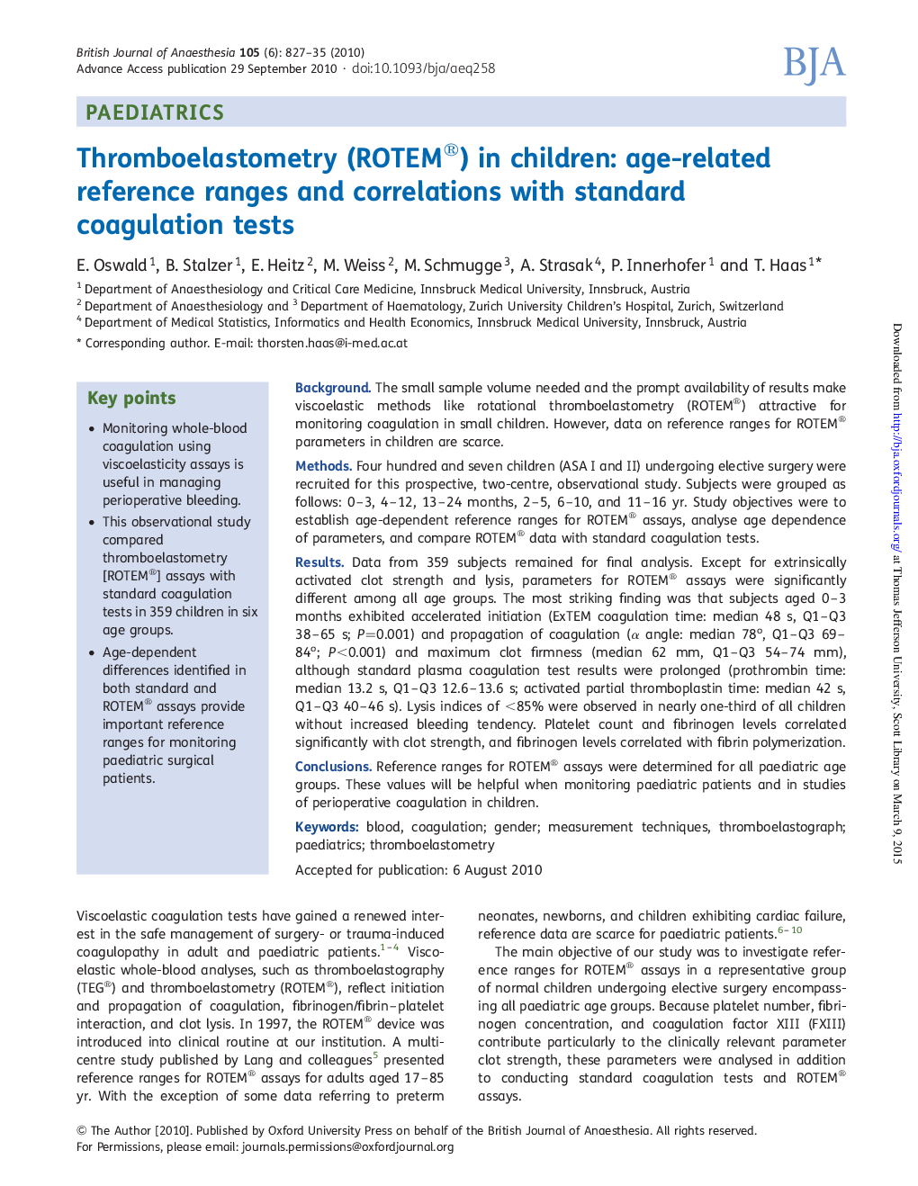 Thromboelastometry (ROTEM®) in children: age-related reference ranges and correlations with standard coagulation tests