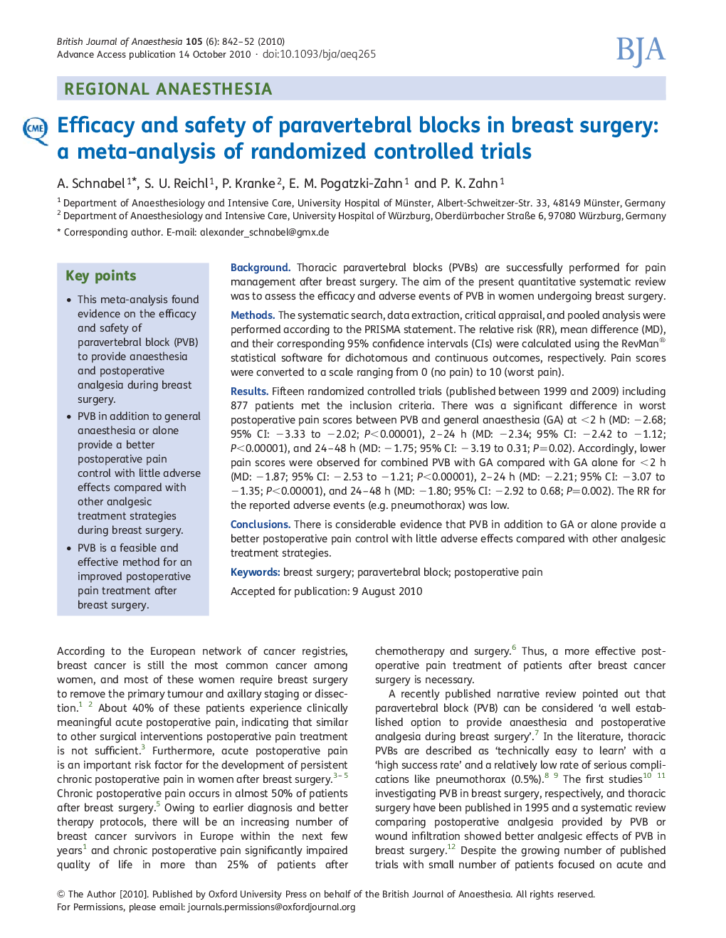 Efficacy and safety of paravertebral blocks in breast surgery: a meta-analysis of randomized controlled trials