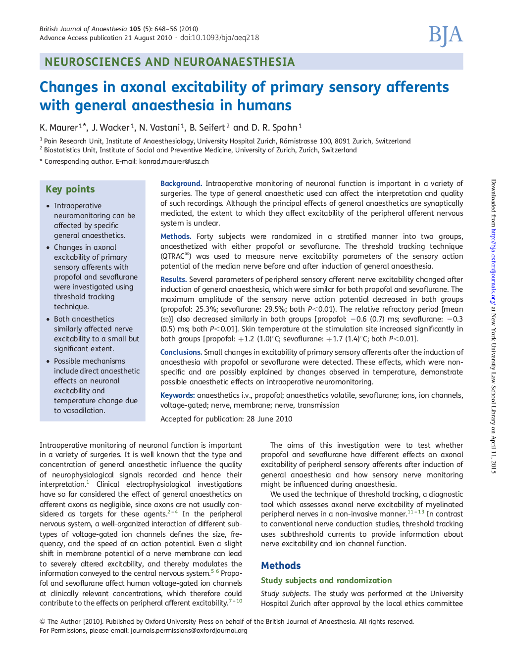 Changes in axonal excitability of primary sensory afferents with general anaesthesia in humans