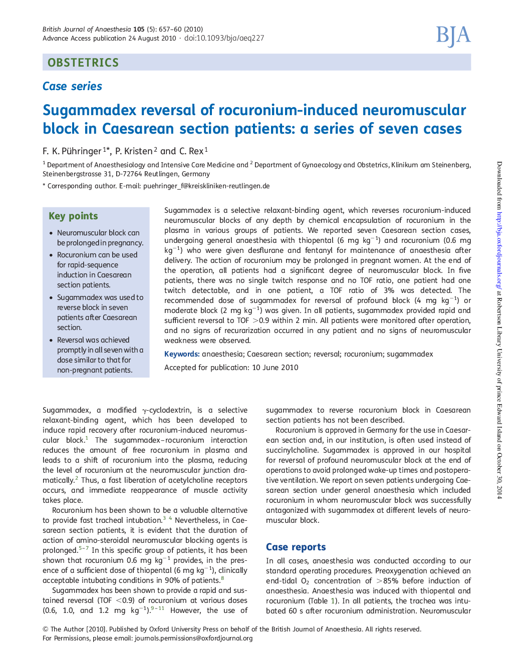 Sugammadex reversal of rocuronium-induced neuromuscular block in Caesarean section patients: a series of seven cases