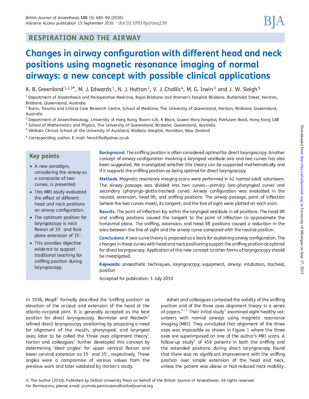 Changes in airway configuration with different head and neck positions using magnetic resonance imaging of normal airways: a new concept with possible clinical applications