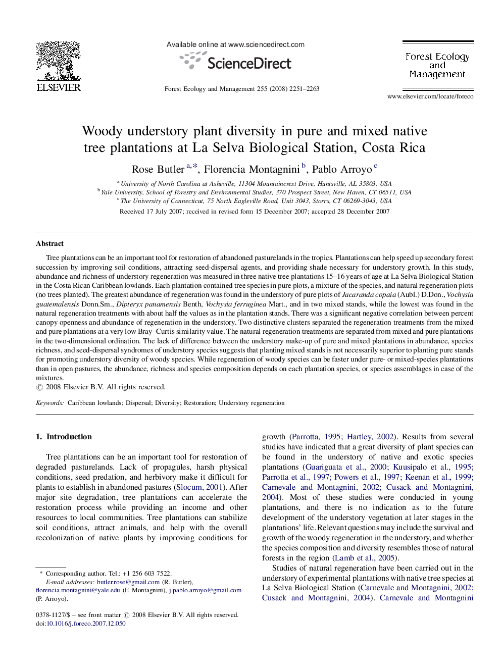 Woody understory plant diversity in pure and mixed native tree plantations at La Selva Biological Station, Costa Rica