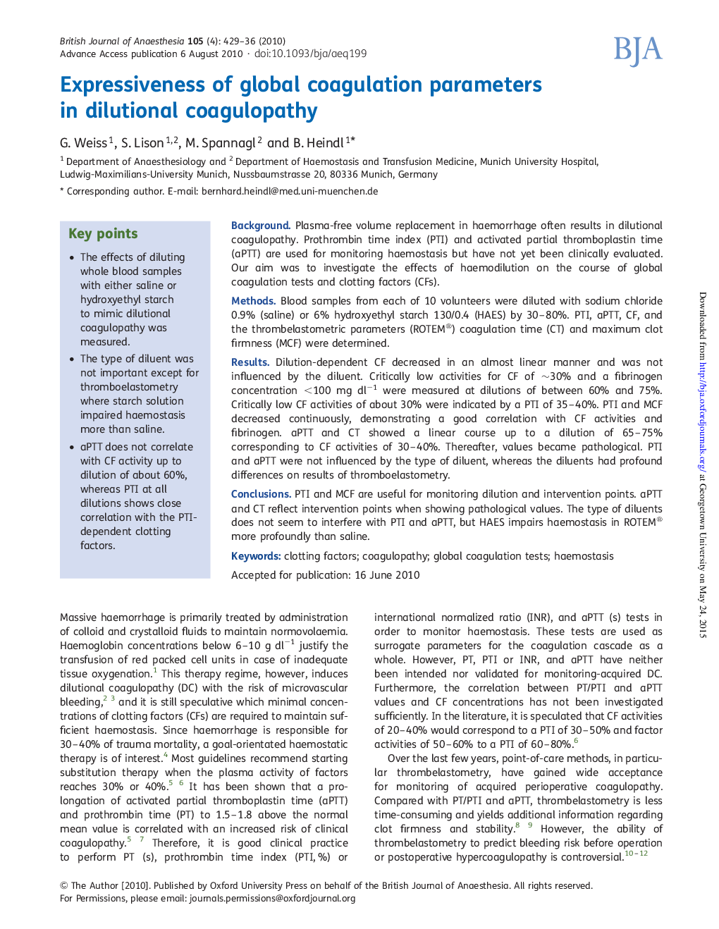 Expressiveness of global coagulation parameters in dilutional coagulopathy