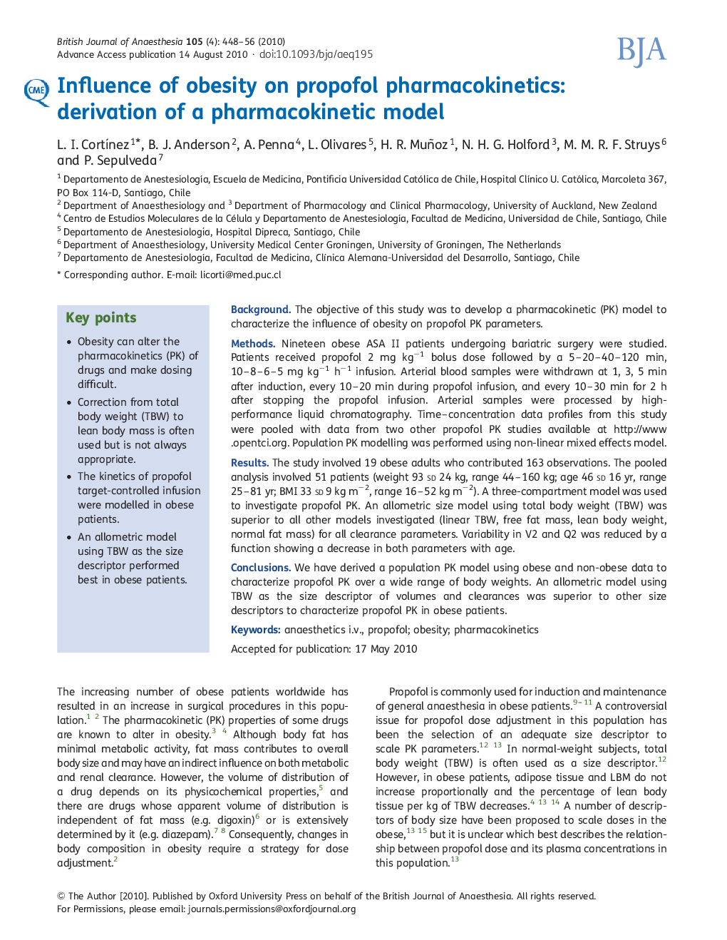 Influence of obesity on propofol pharmacokinetics: derivation of a pharmacokinetic model