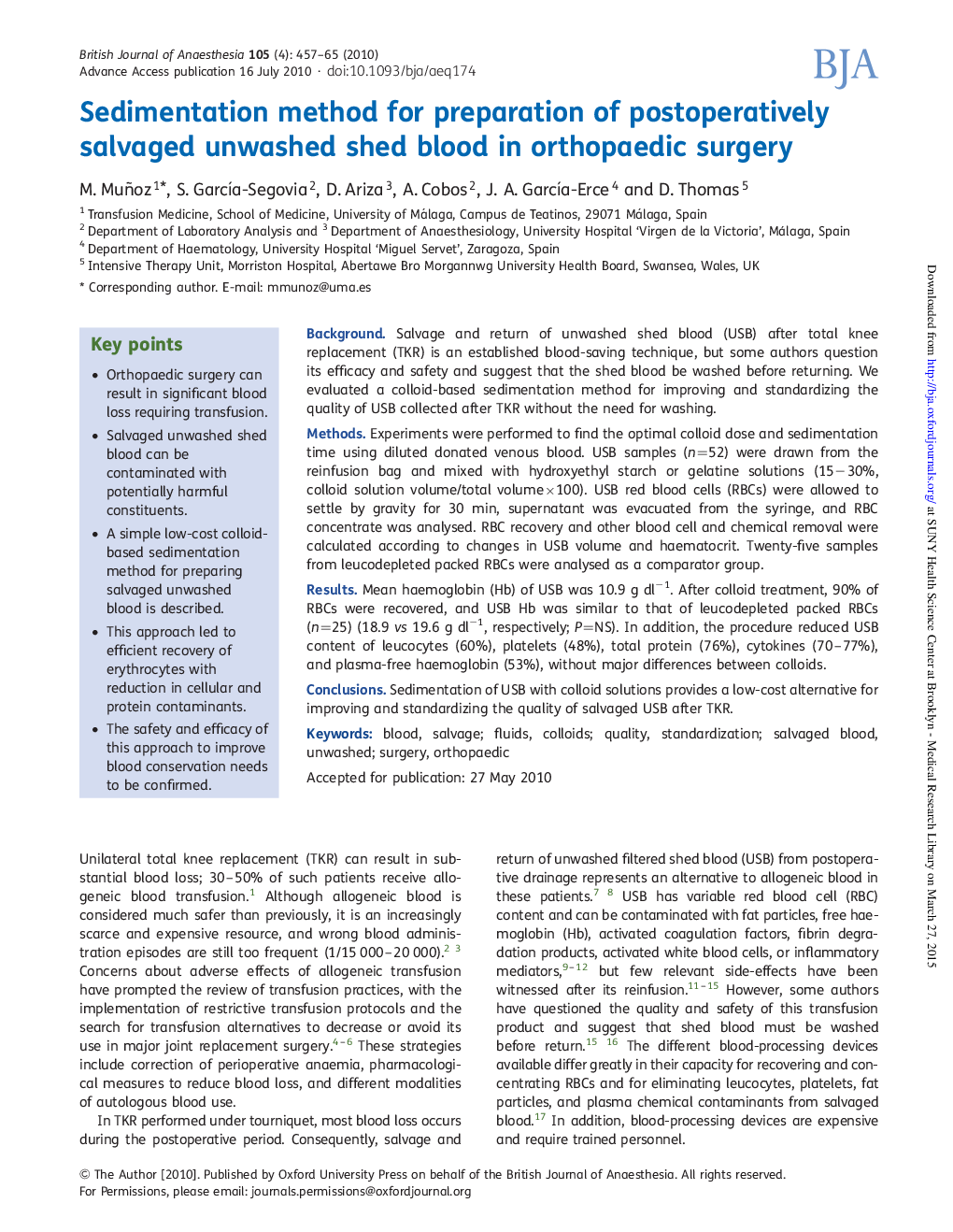 Sedimentation method for preparation of postoperatively salvaged unwashed shed blood in orthopaedic surgery