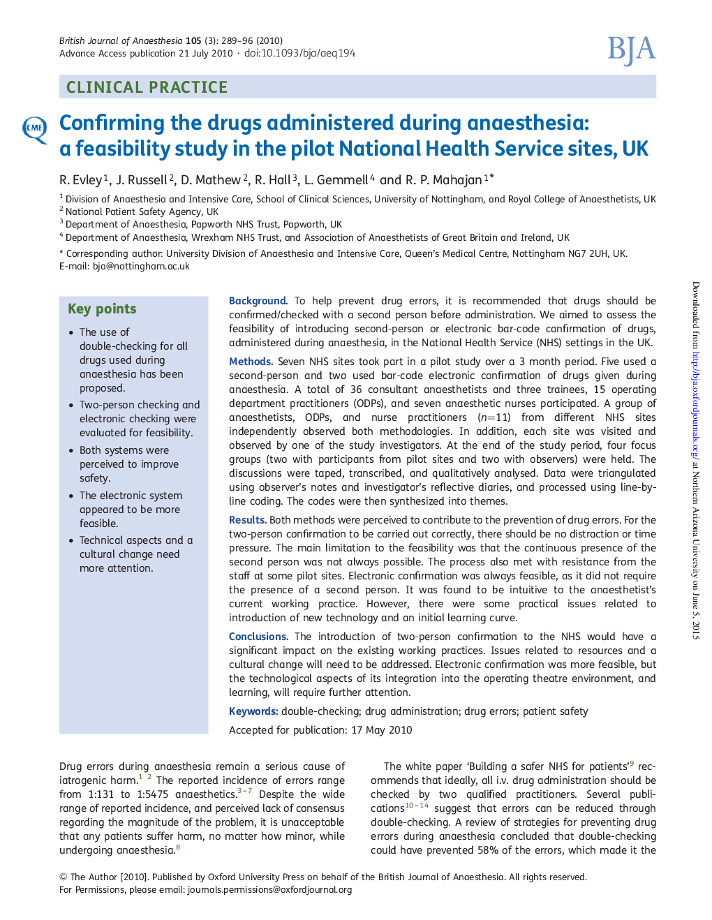 Confirming the drugs administered during anaesthesia: a feasibility study in the pilot National Health Service sites, UK